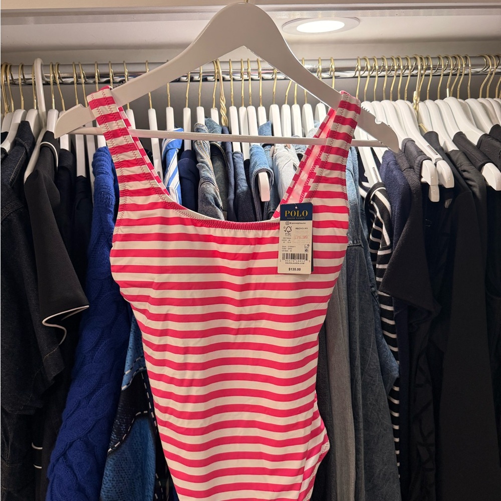 Polo by Ralph Lauren Pink and White Striped One-Piece Swimsuit